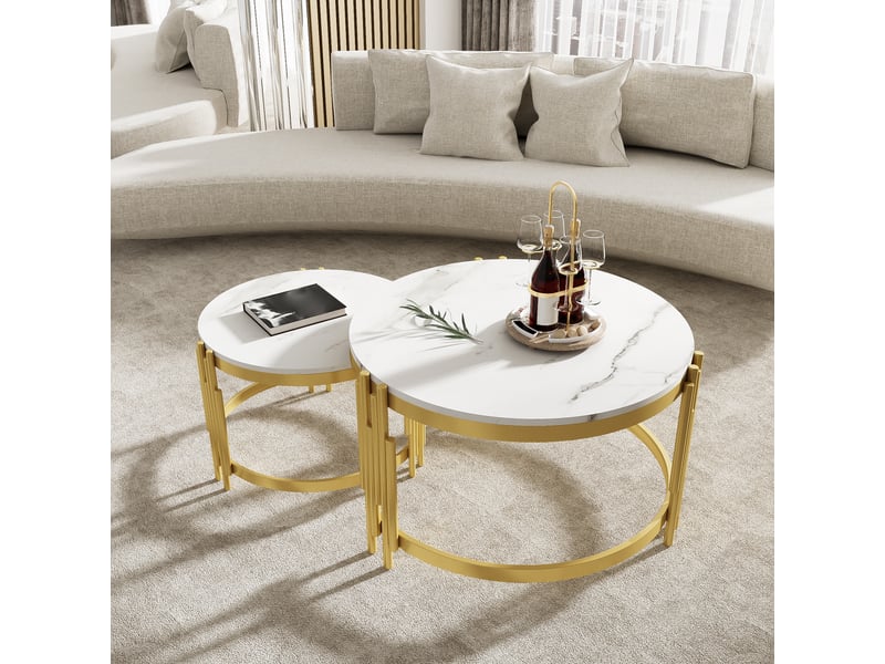  Tables basses 71,5x71,5x44 et 51,5x51,5x37 cm gigognes, 2 plateaux ronds en mdf décor marbre, métal doré et blanc ABC - Conforama E