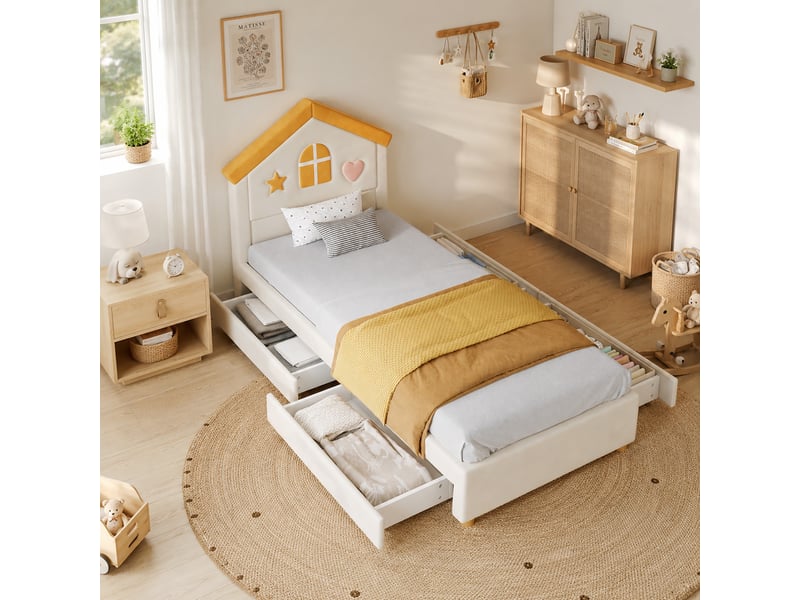  Lit 90x200 cm - lit enfant 90x200 - lit simple rembourré velours avec tête de lit maisonnette et 4 tiroirs - beige  - Conforama C