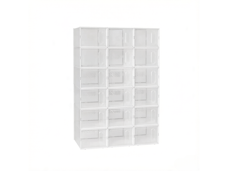  Meuble de rangement avec 18 boîtes empilables pour chaussures en plastique 25×35,5×18,5 cm transparent et blanc  - Conforama A