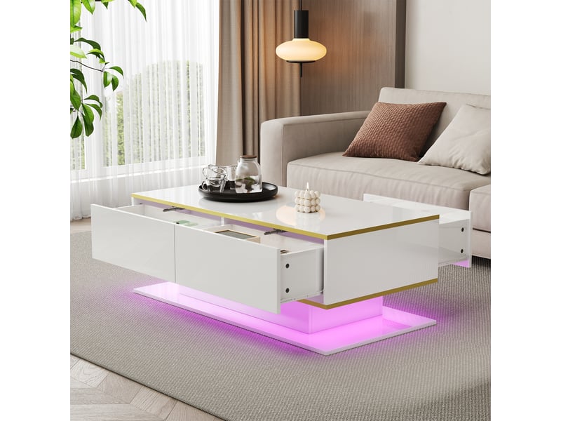 Table basse 100x50x40 cm avec éclairage led usb, 3 tiroirs et niche ouverte, panneaux de particules, blanc et doré ABC - Conforama D