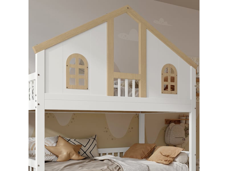  Lit superposé enfant 90x200 cm - escalier rangement et tiroirs - style cabane - pour chambre d’enfant - bois - blanc  - Conforama E