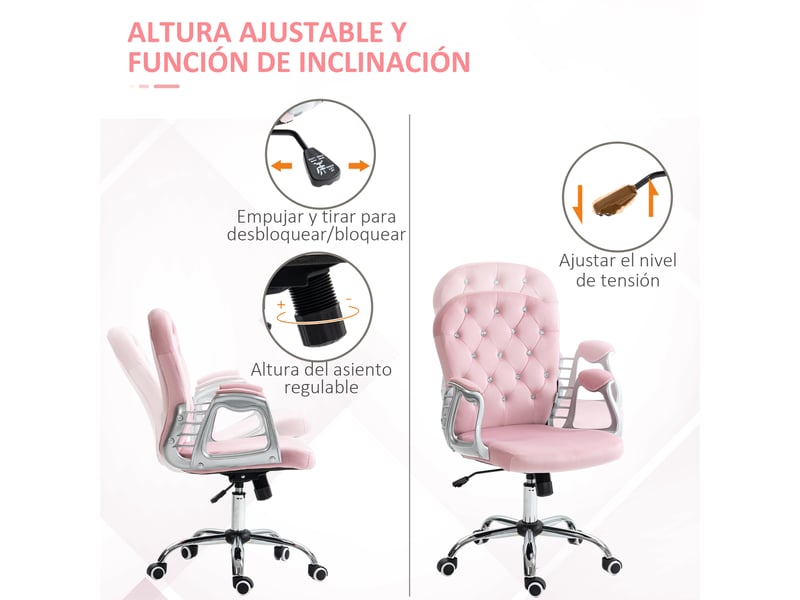  Chaise de bureau en velours rose, réglable en hauteur, avec accoudoirs et ornements en forme de diamant, 59,5 x 60,5 x 93-103 cm  - Conforama E