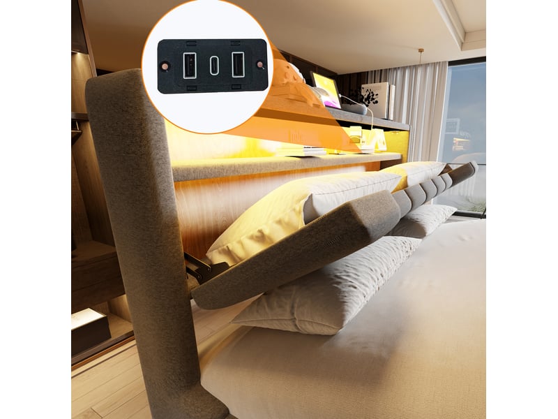  Lit coffre 180 × 200 cm 2 places avec led, usb et usb-c, rangement hydraulique, sans matelas, tissu gris  - Conforama E