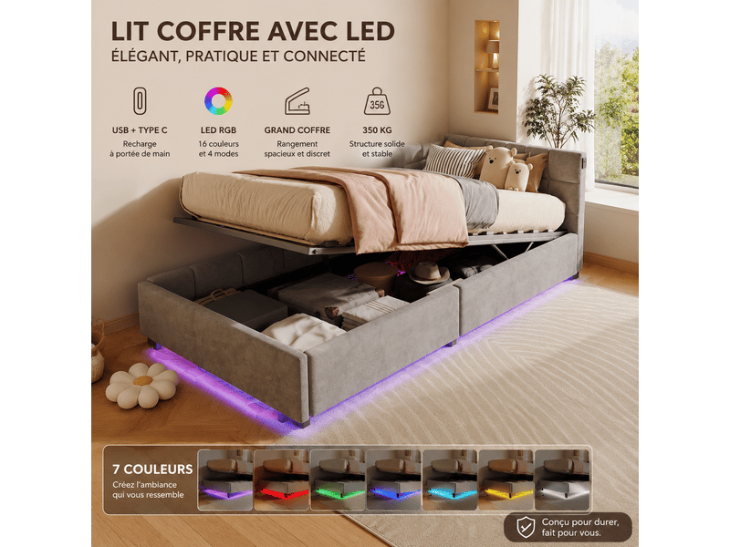  Lit coffre enfant 90x200 cm - éclairage led rgb et charge usb et type c - rangement hydraulique - canapé lit une place 1 personne  - Conforama R