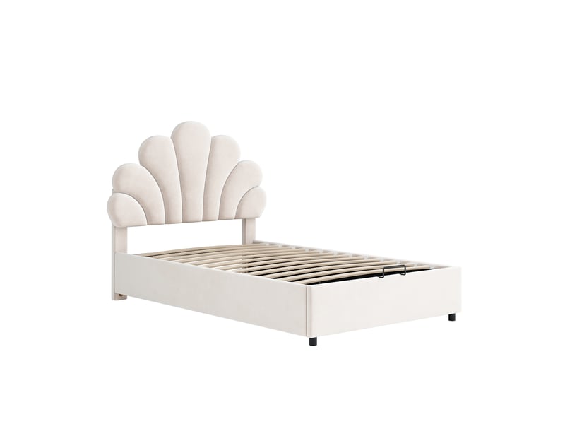  Lit enfant 90x200 cm en velours beige, tête de lit fleurie réglable, coffre hydraulique et sommier à lattes  - Conforama D