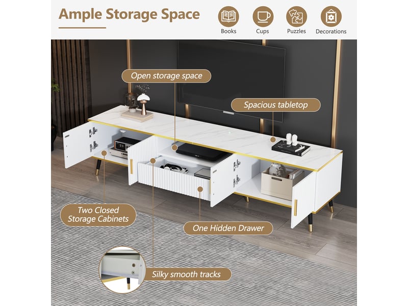  Meuble tv 200 cm extra large - plateau effet marbre, gestion câbles intégrée &amp; pieds dorés - pour tv 90 - blanc moderne  - Conforama R
