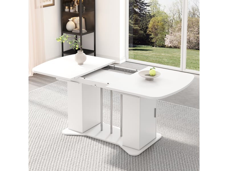  Table à manger extensible 120160 x 80 cm, 4–6 personnes, rangement intégré, pieds métal argentés, blanc evarich - Conforama B