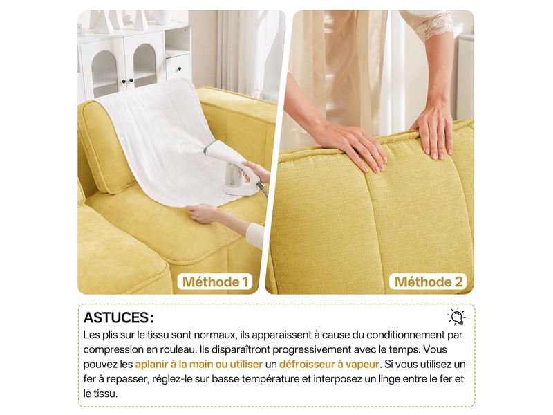 Canapé modulable d'angle en l,2 places avec 1 pouf,198x162x67cm,canapé à compression sans montage, mousse haute densité 32d,assise profonde,jaune - Conforama E