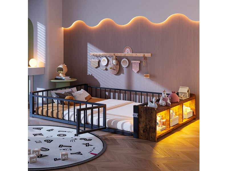  Lit 2 places enfant 140x200 cm en métal noir avec rangement led et barrières, sans matelas  - Conforama B