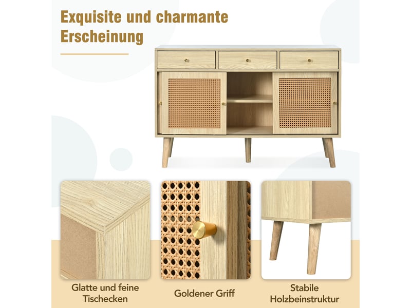  Buffet chêne massif 120x40x78 cm - 3 tiroirs, 3 portes coulissantes, rotin, piètement massif  - Conforama E