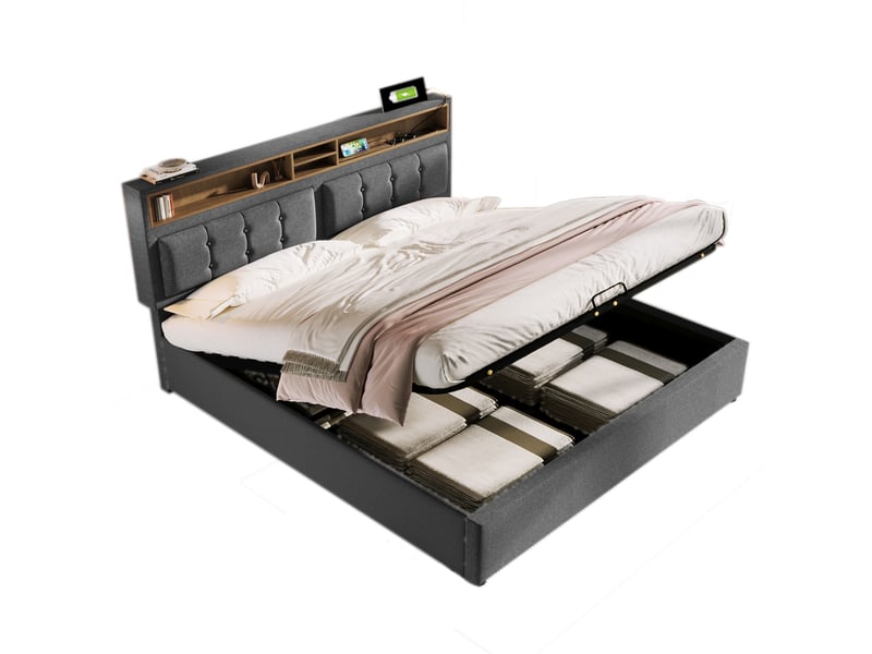  Lit rembourré double 160x200 cm en lin gris avec coffre, usb type-c, tête réglable, sans matelas  - Conforama A