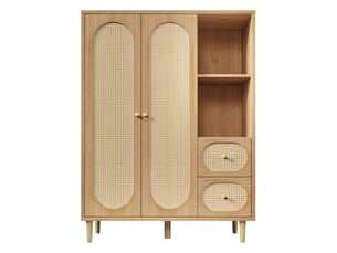 Armoire 120x48x161 cm avec penderie et portes en cannage rotin, dressing avec 2 tiroirs et étagères, style bohème - aspect chêne