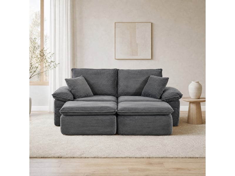  Canapé de sol 2 places modulable gris clair avec repose-pieds et poches de rangement, sans montage  - Conforama D