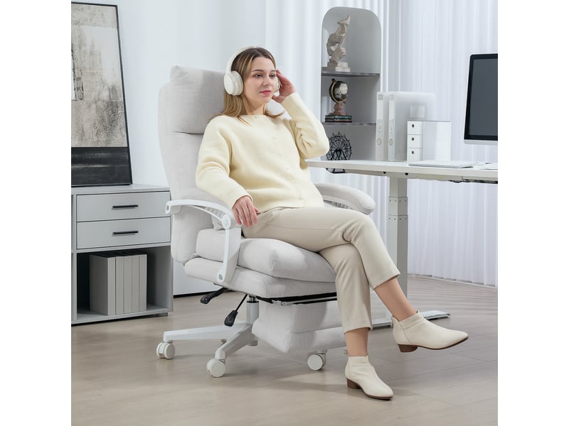  Fauteuil roulant à roulettes, aspect lin, réglable en hauteur, inclinable à 160°, repose-pieds, blanc crème  - Conforama C