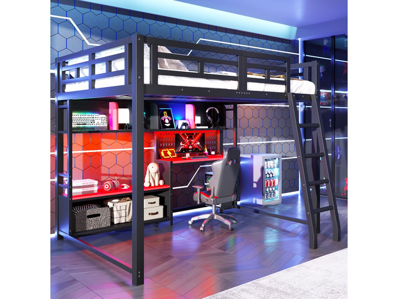  Lit mezzanine 140x200 cm avec bureau, étagères et éclairage led, noir et rouge  - Conforama B