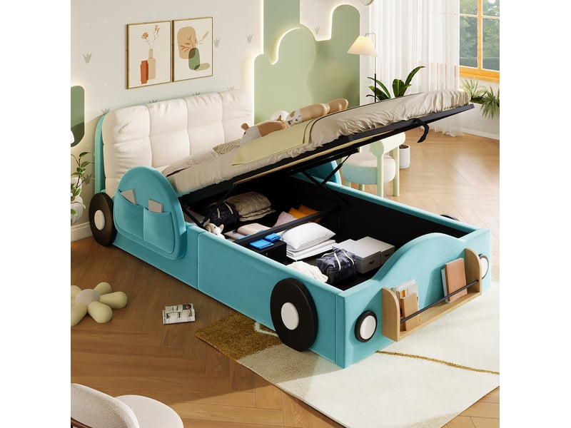  Lit enfant ado voiture 90x200 cm coffre hydraulique, poches latérales, mdf flanelle bleu sans matelas  - Conforama B