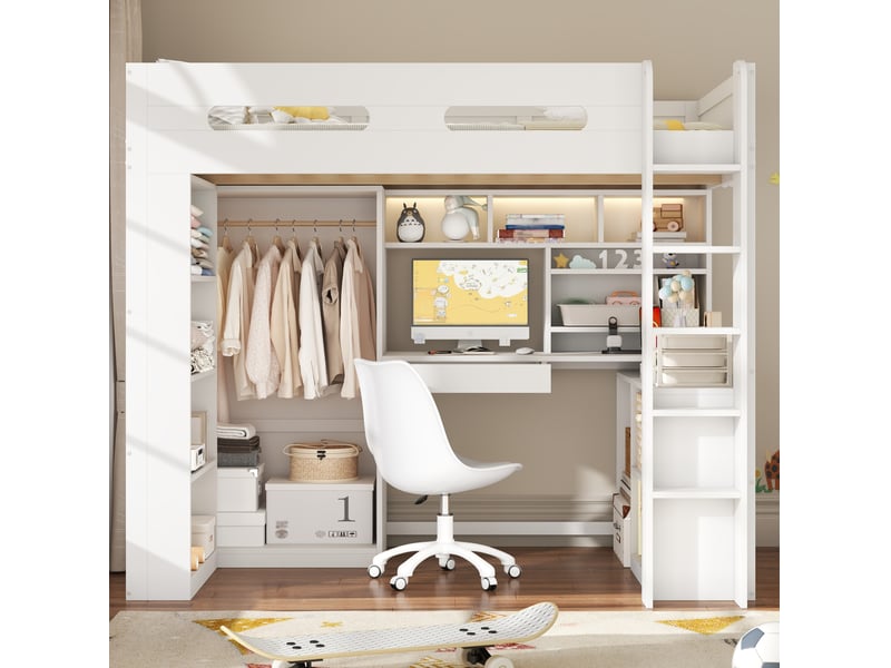 Lit mezzanine 90 × 200 cm avec bureau, armoire ouverte, tiroir, étagères, led et port usb, blanc, chambre enfant - Conforama B