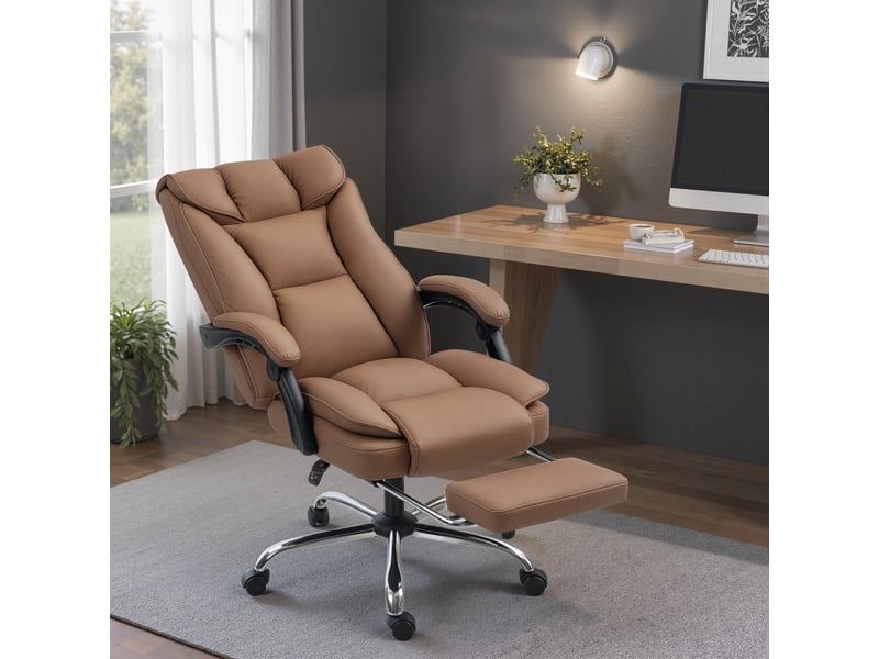  Chaise de bureau avec repose-pieds, dossier inclinable, dossier rembourré épais, revêtue de similicuir marron  - Conforama B