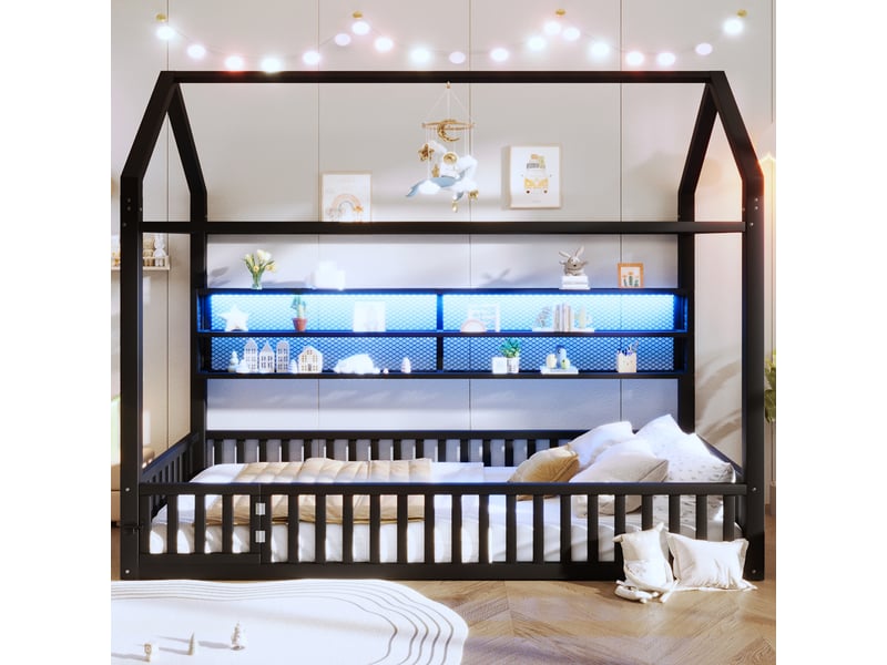  Lit simple plateforme maison 90 x 200 cm, barrière, led, noir  - Conforama C