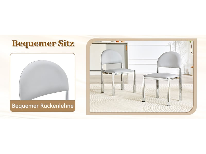  Lot de 2 chaises modernes avec dossier semi-circulaire, revêtement en polyuréthane gris clair, pieds en métal  - Conforama D