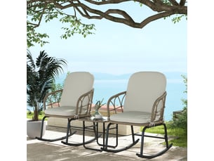 Ensemble détente extérieur avec 2 fauteuils à bascule, 1 table basse et coussins, rotin et acier, jaune