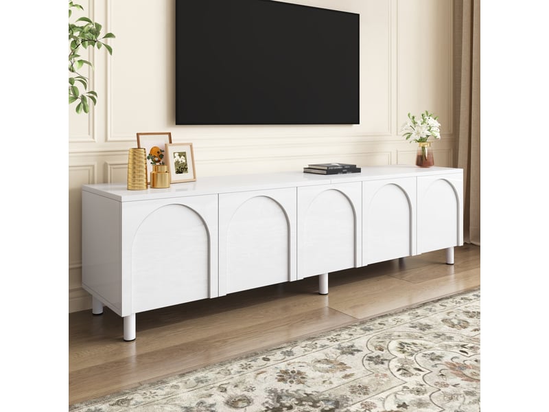  Meuble tv 5 portes design cintré, pieds métalliques, pb et mdf, format bas, blanc, 180 x 38 x 45 cm  - Conforama D