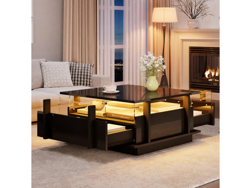  Table basse led noire avec 2 tiroirs, plateau carré 70 x 70 x 35 cm  - Conforama D