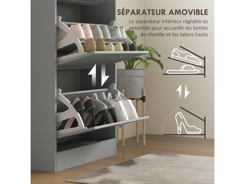  Meuble à chaussures 18 paires, armoire à chaussures avec 3 tiroirs rabattables, étagères réglables, gris, 60x23,5x115cm  - Conforama R