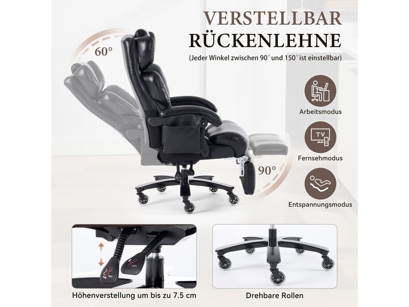  Chaise de bureau massante et chauffante avec repose-pieds, dossier inclinable et rotation 360° en cuir pu noir  - Conforama C