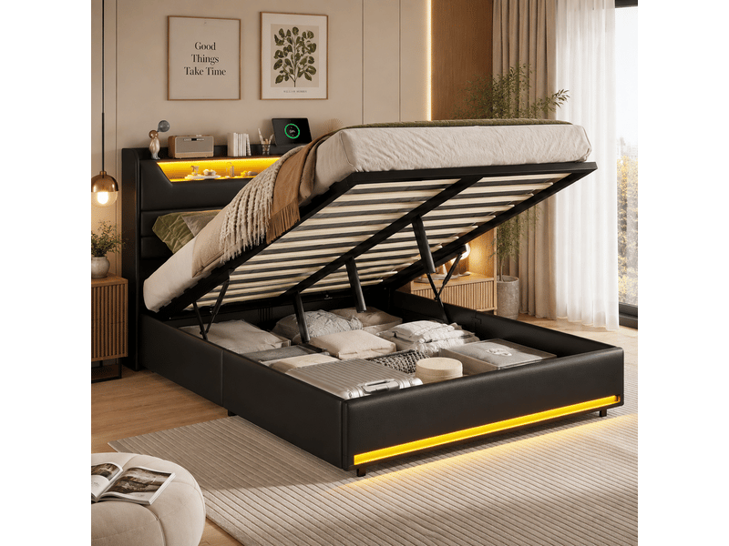  Lit coffre 140x190 cm avec rangement hydraulique, led et usb ports, lit adultes avec sommier à lattes et tête de lit, lit double pour adulte et adolescent, sans matelas, noir pu  - Conforama D