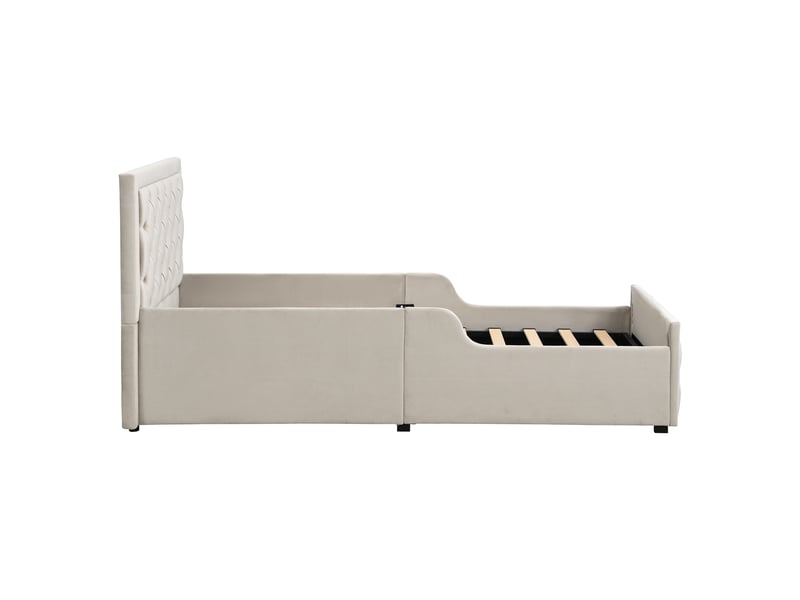  Lit coffre hydraulique 90x200 cm beige en velours avec sommier, grand rangement et tête de lit rembourrée  - Conforama D