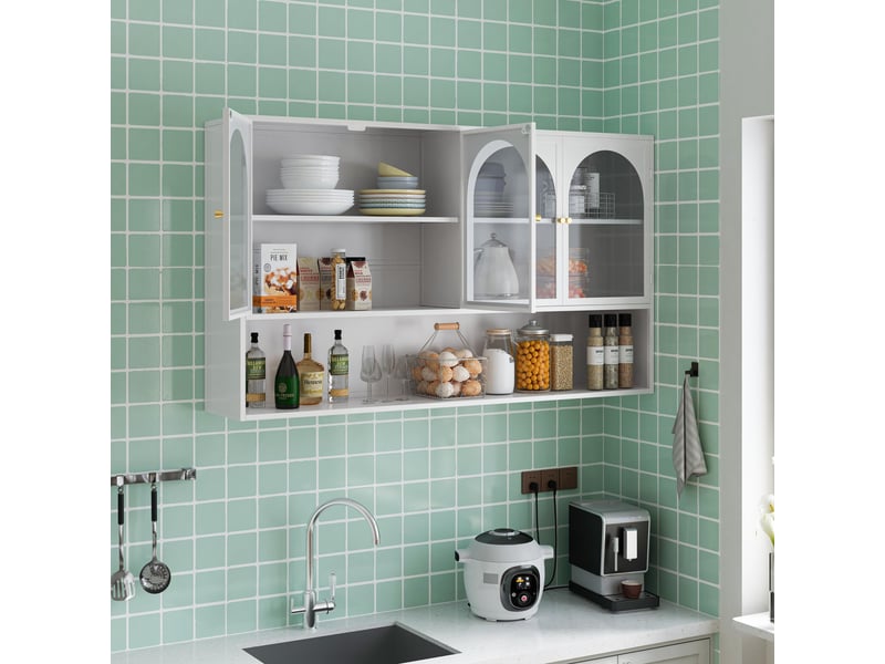  Buffet de cuisine - 120x23x70cm - meuble haut, armoire murale 4 portes en verre gris &amp; étagère, style industriel - blanc  - Conforama D