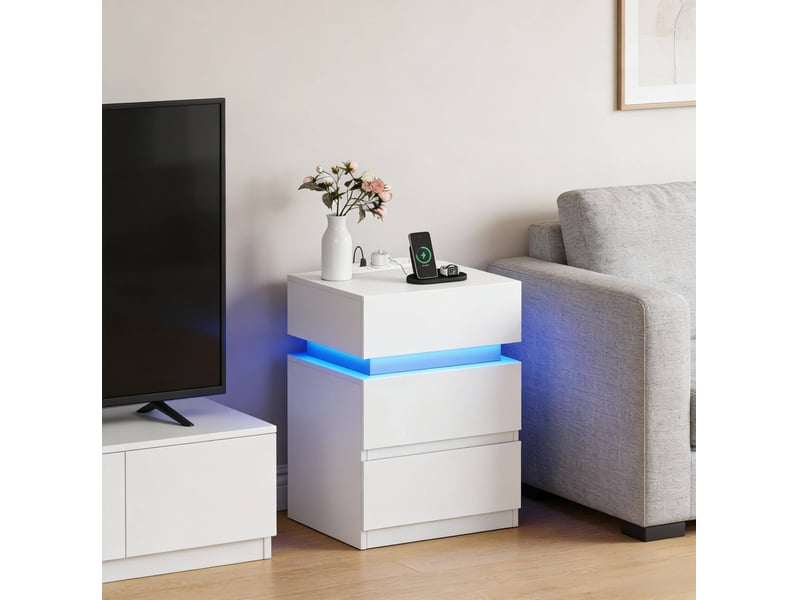  Table de chevet 35x40x55 cm avec led et station de charge, bois, blanc  - Conforama B