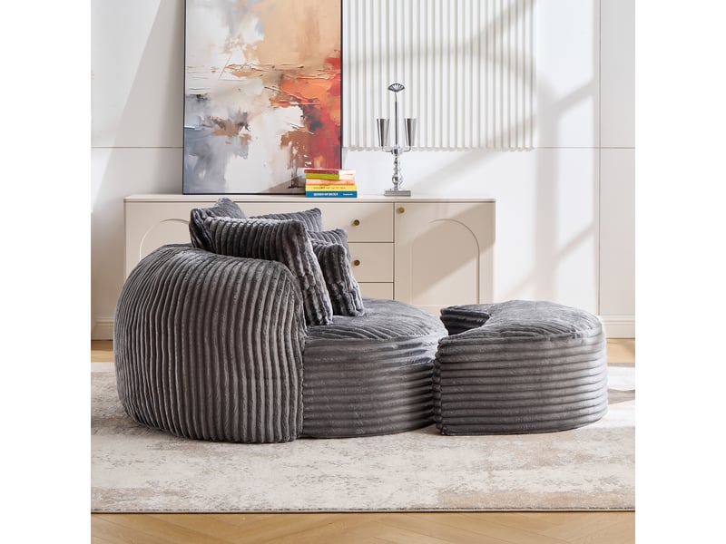  Fauteuil lounge rond en chenille avec repose-pieds, canapé relax grande taille avec 5 coussins, assise profonde pour salon, gris foncé  - Conforama D