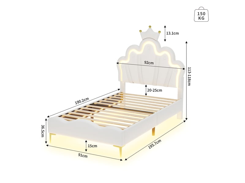  Lit fille 90x190cm avec sommier led réglables - lit simple enfant avec tête de lit réglable en hauteur - sommier à lattes - lit 90x190 cm - lumineuse led - lit fille avec tête de lit réglable - lit princesse en forme couronne - …  - Conforama R