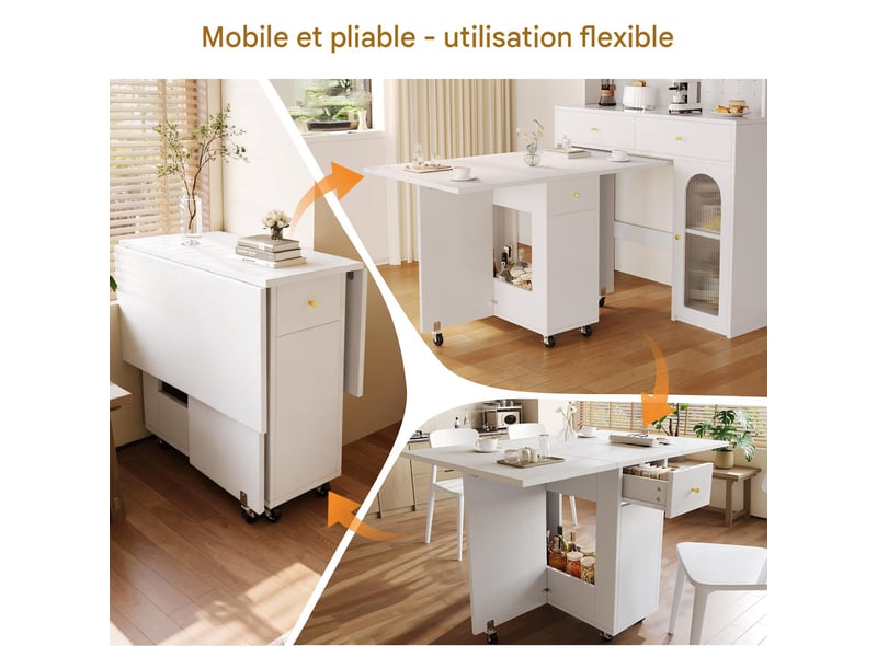  Table à manger pliable en mdf blanc avec rangements et roulettes 120x75x75 cm - pangivo  - Conforama D