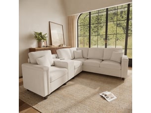 Canapé d'angle 5 places en forme de l 235x208x83 cm - avec porte-gobelets, ports usbtype-c et liseuses - tissu chenille - beige