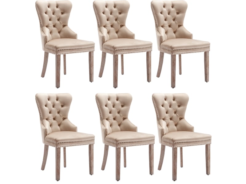  Lot de 6 chaises salle à manger en velours beige, assise rembourrée, dossier haut, pieds métal, design moderne élégant  - Conforama A