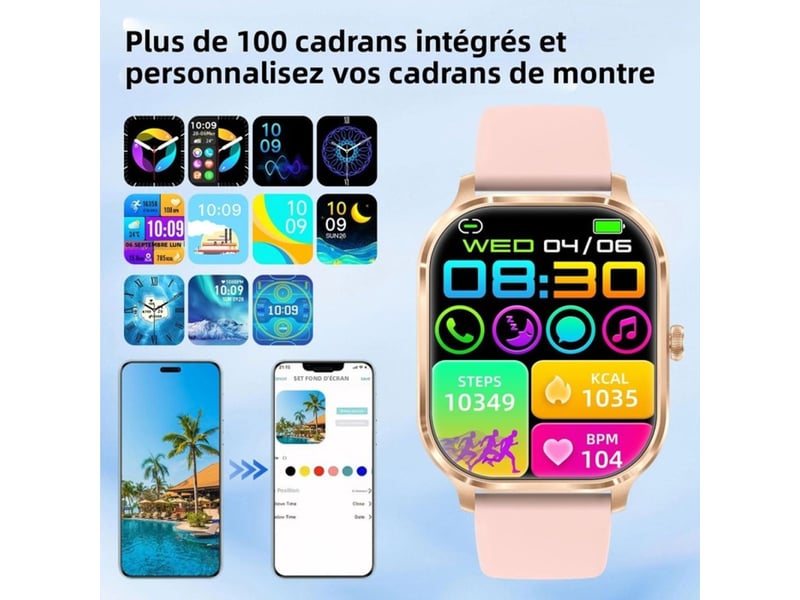  Smartwatch sans fil hd 2.02 pouce bluetooth bracelet silicone rose 189790_AADLJ50285_6_DROPFR - Conforama D