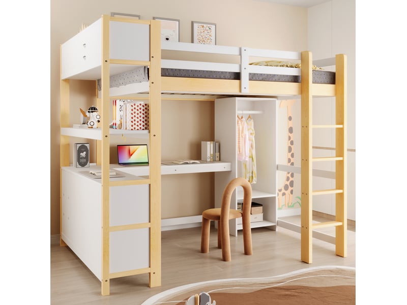  Lit mezzanine 140x200 cm avec bureau, rangements et armoire blanc et naturel  - Conforama E
