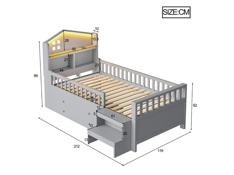 Lit simple 90x200 cm, lit enfant, tiroirs, marche latérale, led, charge, rangement, sommier, pin, gris, sans matelas - Conforama C