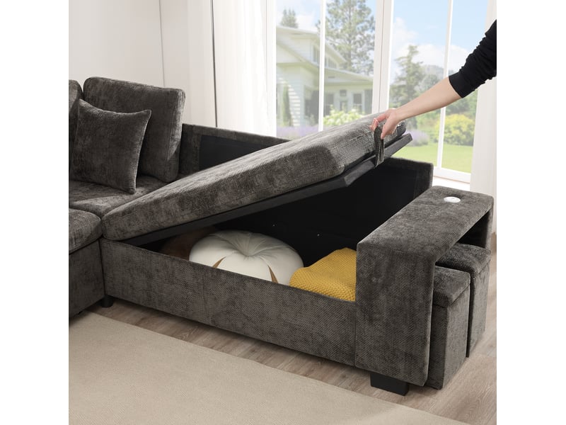 Canapé d'angle convertible 5 places 220x205 cm – gris – méridienne réversible, rangement et usbusb-c - Conforama E