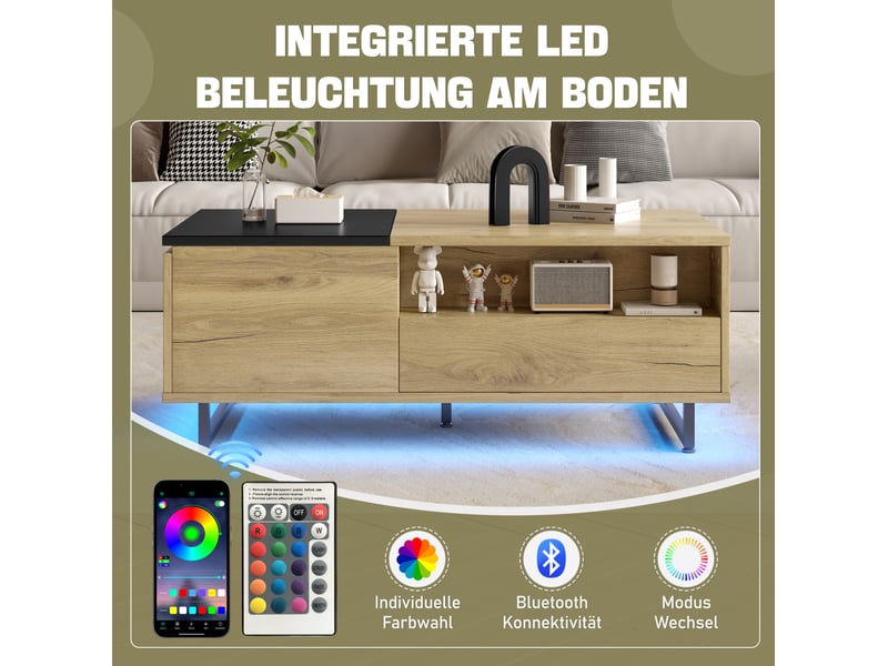  Table basse 103,5x50x27,5 cm avec led, tiroir, rangement caché, plateau réglable, bois d'ingénierie, naturel et noir  - Conforama E
