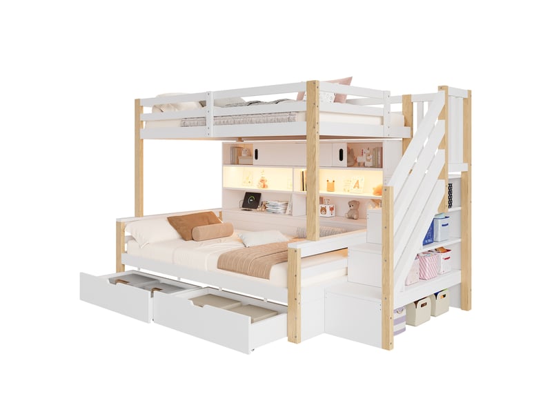  Lit superposé enfant 90x200 cm avec escalier de rangement blanc et naturel  - Conforama A
