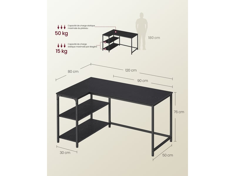  Bureau gaming en l avec rangement et étagères réglables 120 x 80 x 76 cm style contemporain en panneau d'aggloméré noir 12_0012657  - Conforama B