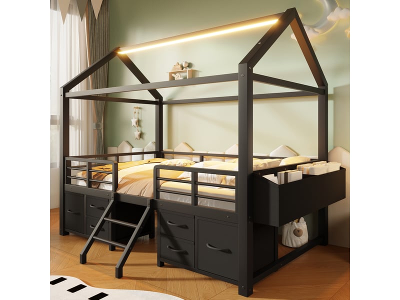  Lit mezzanine enfant 90 x 200 cm en métal noir, toit maison, tiroirs en tissu et éclairage led  - Conforama C