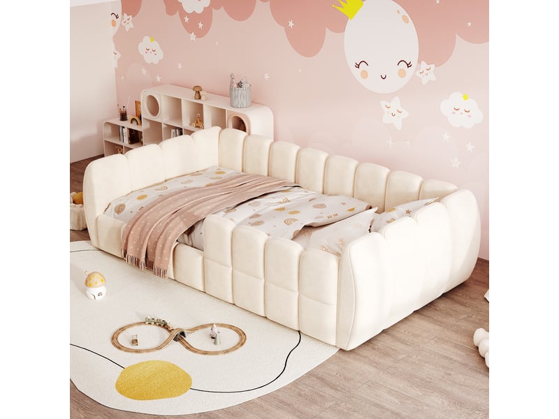  Lit enfant 90 × 200 cm 1 place avec structure rembourrée fermée et angles arrondis, sans matelas, beige  - Conforama C