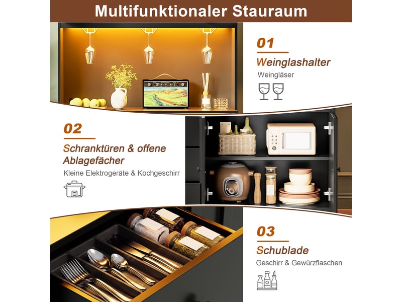 Buffet haut de cuisine 100x40x180 cm avec led rgb via appli, 2 prises, 2 usb, 3 porte-verres, étagère réglable, plan de travail, mdf noir - Conforama E
