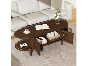 Table basse ovale 100x40x38 cm avec rangement, coloris noyer