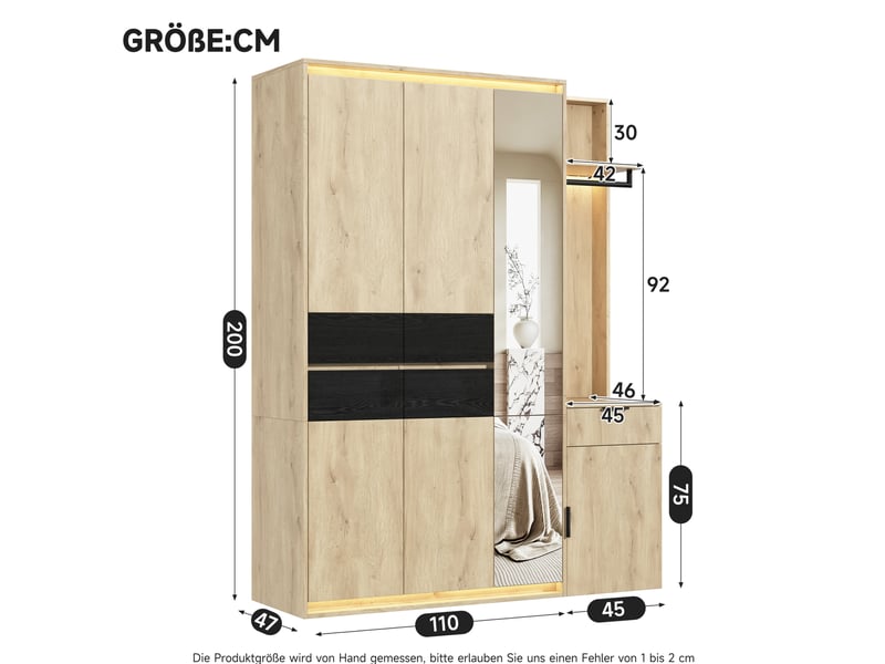  Armoire dressing tcqpz 155 x 47 x 200 cm 3 tringles 5 tiroirs miroir led mdf anthracite et chêne  - Conforama C